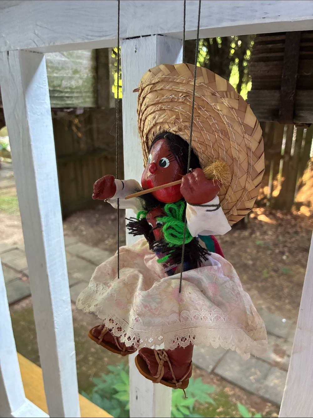 Handcrafted Red Face Girl Marionette Doll with Straw Hat